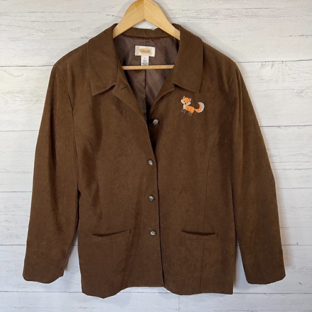 Talbots Blazer Jacket Womens Size Large Brown Suede Adorable Fox Patch Fall Wear - Picture 4 of 16